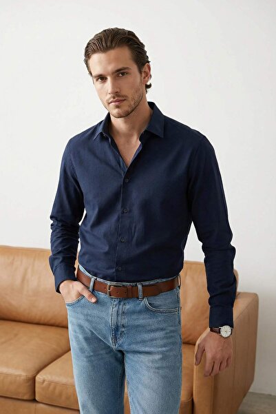 Trendyol Collection Námořnická modrá, klasický střih, gabardénová texturovaná...