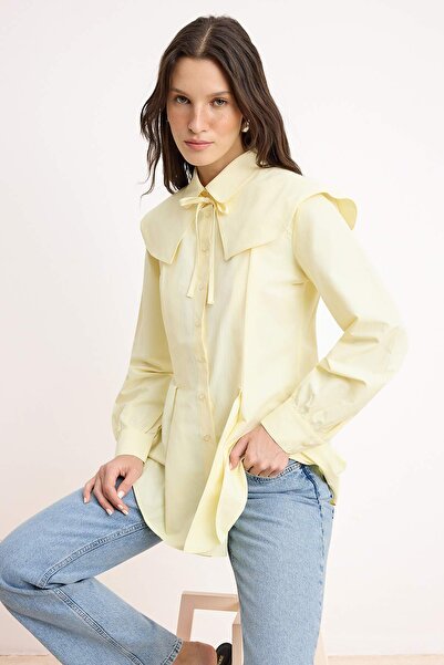 Trendyol Modest Light Yellow Detachable Collar Pleated Detailed Regular Fit C...