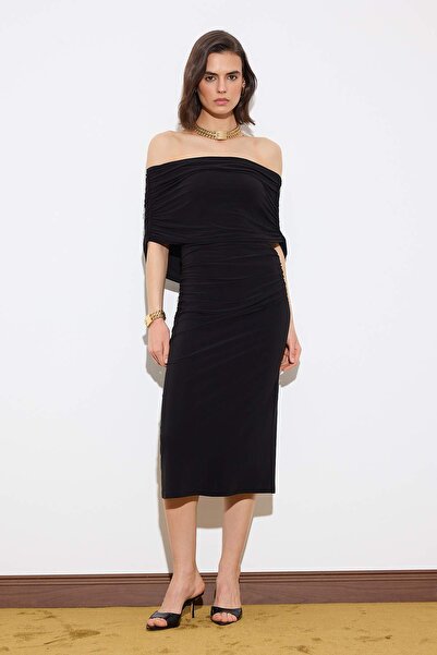 Trendyol Collection Black Bodycon Carmen Collar Sleeveless Stretchy Knitted D...