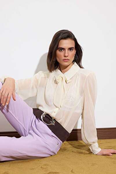 Trendyol Collection Διαφανές κομψό υφαντό πουκάμισο με λεπτομέρεια από κρεμ β...