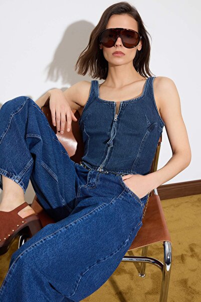 Trendyol Collection Blue Strappy Crop 100% Cotton Denim Blouse Twoss26Bz00427