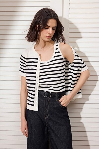 Trendyol Collection Ecru Striped Crew Neck 2-Piece Blouse-Cardigan Knitwear C...