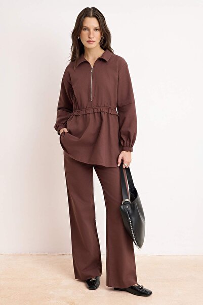 Trendyol Modest Brown Linen Blended Blouse Elastic Waist Pants Bottom - Top S...