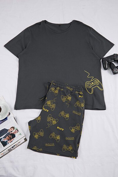 Trendyol Collection Anthrazitfarbenes, normal bedrucktes Homewear-Pyjama-Set ...