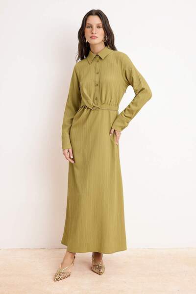 Trendyol Modest Khaki Belted Unlined Plain Woven Crinkle Hijab Dress Tctss26E...