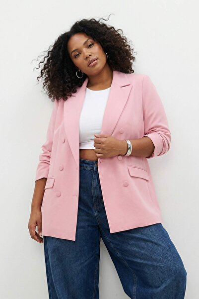 Trendyol Curve Svetlo roza dvostruko zatvorena tkana jakna veće veličine TBBS...