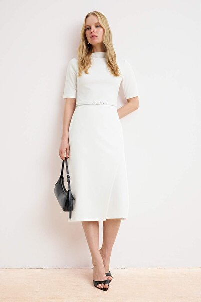 Trendyol Collection Ecru Straight Belted Midi Knitted Dress Twoaw26El00145