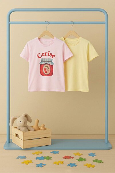 TRENDYOLKIDS تي شيرت محبوك باللونين الأصفر والوردي مطبوع للفتيات TKDSS26TS00008