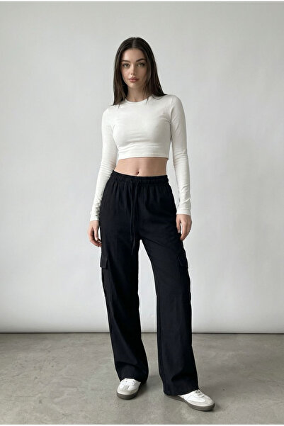 Seeh Μαύρο γυναικείο παντελόνι με ύφασμα μουσελίνας - λεπτομέρεια τσέπης SH186