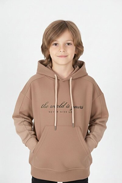 Cansın Mini سويت شيرت بني للأولاد - كتابة على الصدر، جيب الكنغر، هودي 19341