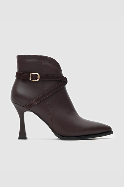TOGO Kahverengi Hakiki Deri & Süet Detaylı Kadın Topuklu Bot [060089]