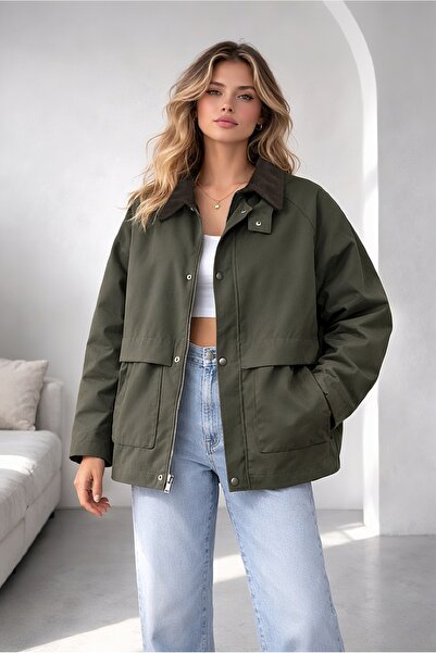 REGOS Haki Regular Fit Kadife Yaka ve Çıtçıt Detaylı Unisex Mevsimlik Mont&Ceket