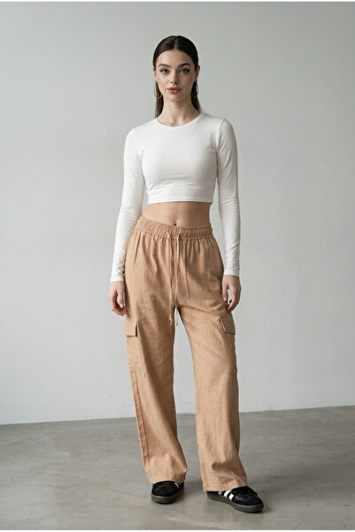 Seeh Γυναικείο παντελόνι από ύφασμα μουσελίνας σε μπεζ χρώμα - Λεπτομέρεια τσ...