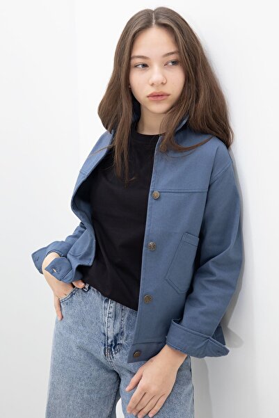 Cansın Mini Індиго Спинка з ґудзиками Деталізована дівчача габардинова тканин...