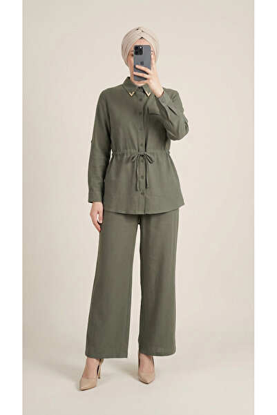 MİHRA STORE Aybüke Κεντημένο Κοστούμι με Ένα Τσεπάκι και Παντελόνι με Τούνελ ...