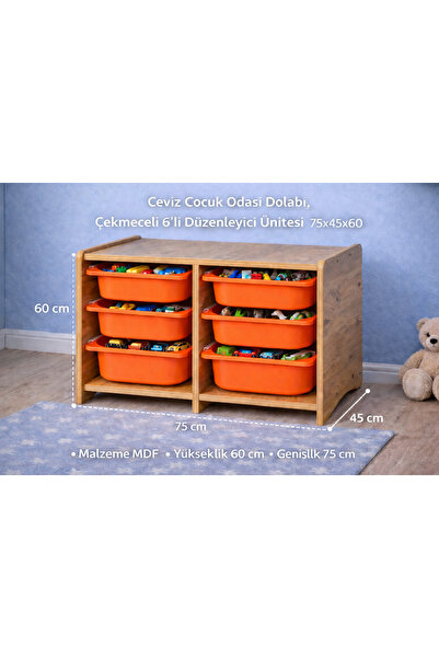 Industrial Living 18mm MDF Ceviz Çocuk Odası Dolabı, Turuncu Çekmeceli 6’lı D...