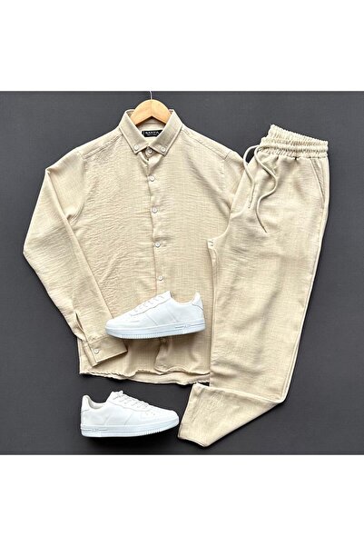 THEGENTMAN Ανδρικό Σετ παντελόνι από λινό πουκάμισο Crinkle