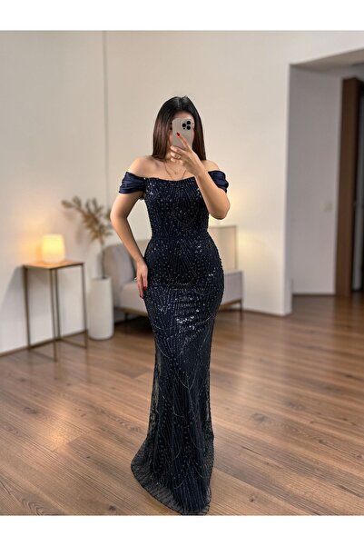 OLA Divor Boncuk Ve Payet İşlemeli Saten Düşük Kollu Lacivert Abiye Elbise