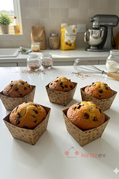 KirazEv Desenli Kare Muffin Kalıbı, Muffin Cupcake Kağıdı 7x4,5 Cm