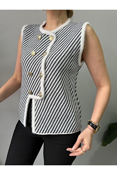 Nopen Knitwear Kadın Yaka Detay Gold Düğme Asimetrik Kesim Triko Yelek Süveter