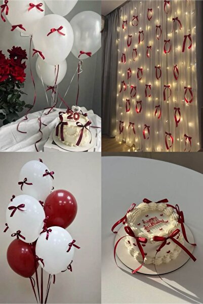 Esram Butik Pasta Balon Üzeri Fiyonk Saten Kurdele Bordo 4 Adet Büyük + 40 Ad...