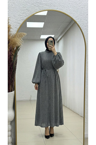 MİHRA STORE Capesia Balon Kol Taşlı Nobel Elbise-EK124.15 Gri