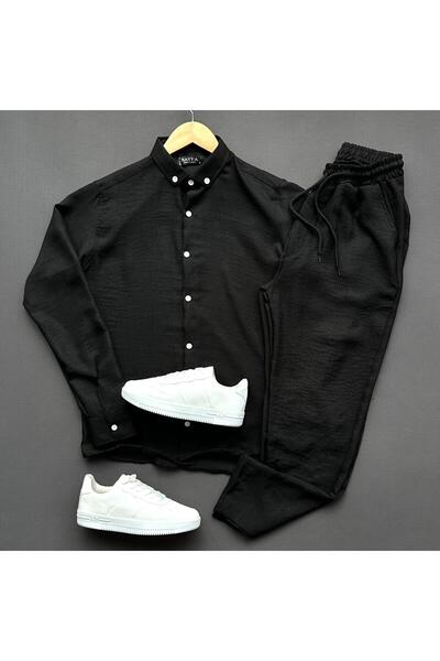 THEGENTMAN Ανδρικό Σετ παντελόνι από λινό πουκάμισο Crinkle