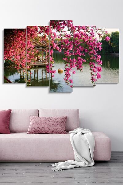 Evimemoda Τραπέζι MDF 5 τεμαχίων με ροζ μπιγκονβίλια και θέα στη λίμνη