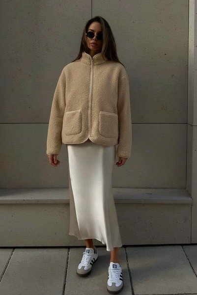 STYLENEST Kadın İçi Polarlı Dışı Pelüş Mont Fermuarlı Cepli Kışlık Teddy Ceket