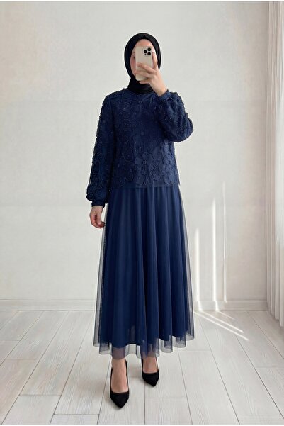 MİHRA STORE Σετ τούλι Hacer με πέτρινο τριαντάφυλλο-GE799 Navy Blue