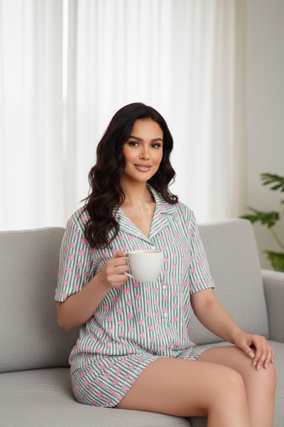 modablask New Season Women's Short Sleeve Patterned Pajama Short Set