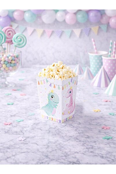Parti Adresi Sevimli Dinozor Temalı Karton Mısır Kutusu Popcorn Kutusu 8'li