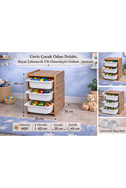 Industrial Living 18mm MDF Ceviz Çocuk Odası Dolabı, Beyaz Çekmeceli 3’lü Düz...