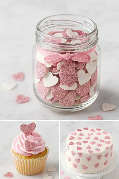 hediyehobihersey Mini Simli Pembe Kalp Pasta Süslemesi, Yenilebilir Konfeti M...