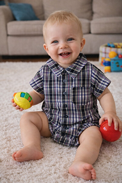 Pino Baby Kısa Kol Poplin Kumaş Erkek Bebek Ekose Gömlek Badi 3503s