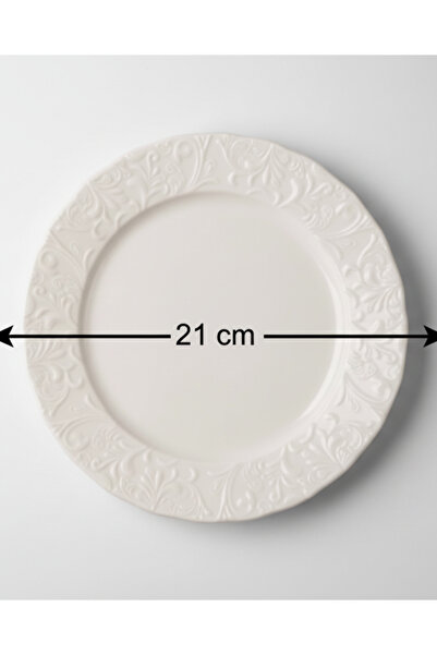 İpek Porselen 6 Kişilik Kabartma Desen Pera Pasta Tabağı 21cm Krem Rengi