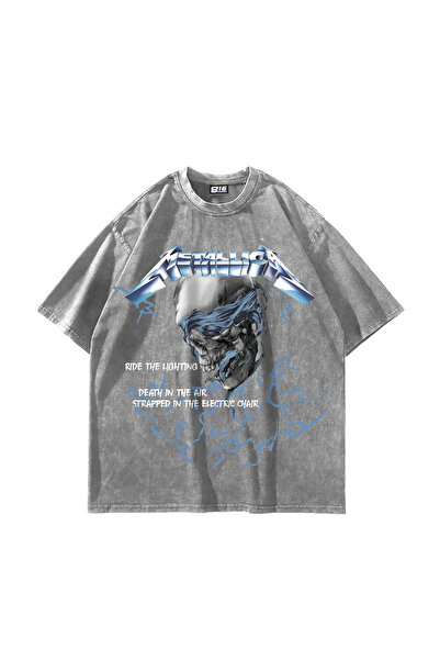 Sokak Butik RideTheLighting-Metallica Baskılı Oversize Yıkamalı Beyaz Unisex ...