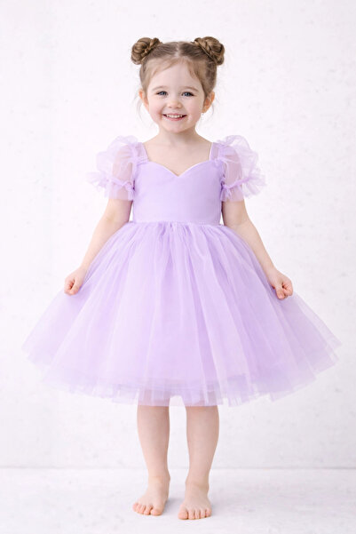 ELLUSSİ Kız Çocuk Lila Kalp Detaylı Kısa Balon Kol Kabarık Elbise