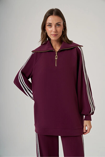 Nuss 1093 Striped Patterned Trouser Suit - Plum