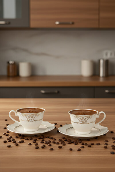 İpek Porselen 2-Piece Gold Striped Gilded Cisem Porcelain Coffee Cup Set