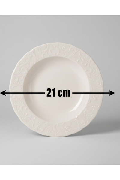 İpek Porselen 6 Kişilik Kabartma Desen Pera Yemek Tabağı 21cm Krem Rengi