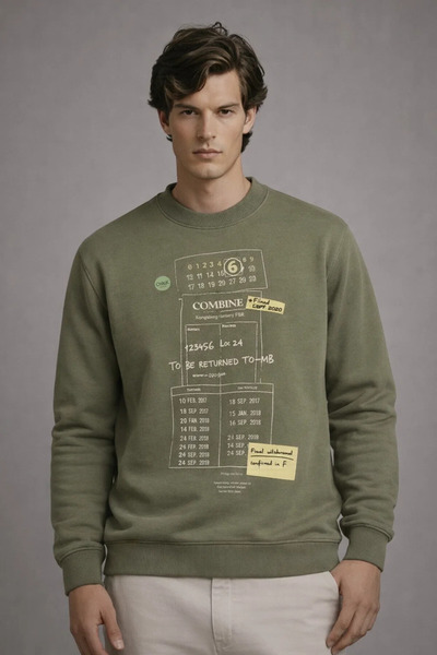 COMBİNE MİCHAİL Erkek Salaş Ön Baskılı Haki Sweatshirt
