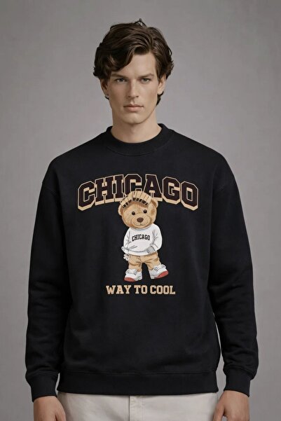 COMBİNE MİCHAİL Ανδρικό φούτερ με στάμπα CHICAGO Teddy Bear σε μαύρο χρώμα