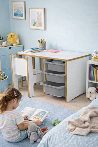Industrial Living 3 Çekmeceli Çocuk Etkinlik Masası - Beyaz MDF - Gri Çekmeceli