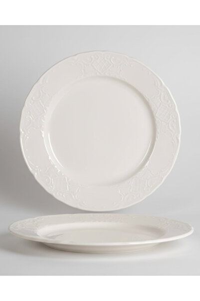 İpek Porselen 6 Kişilik Kabartma Desen Lisa Servis Tabağı 25cm Krem Rengi