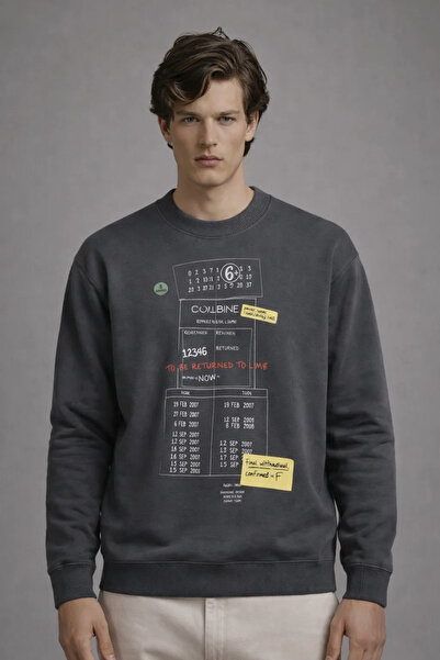 COMBİNE MİCHAİL Erkek Salaş Ön Baskılı Füme Sweatshirt