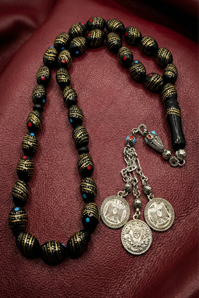 OSMANLI GÜMÜŞ El İşi Oval Kuka Tespih Mercan Ve Firuze Taşlı Pirinç İşlemeli ...