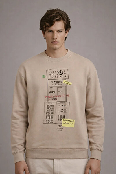 COMBİNE MİCHAİL Erkek Salaş Ön Baskılı Krem Sweatshirt