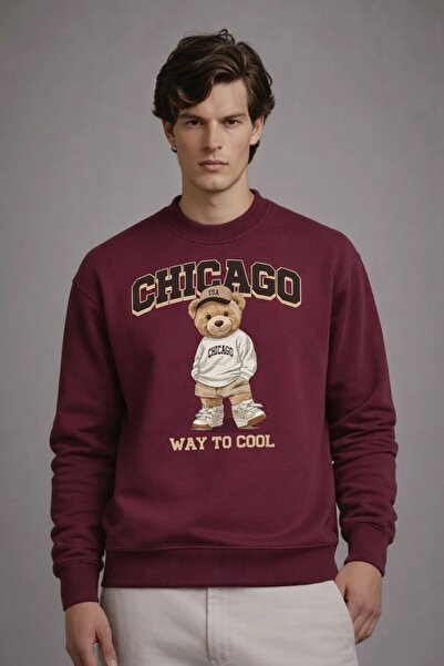 COMBİNE MİCHAİL Erkek CHICAGO Ayıcık Baskı Bordo Sweatshirt
