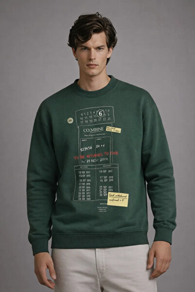 COMBİNE MİCHAİL Erkek Salaş Ön Baskılı Koyu Yeşil Sweatshirt